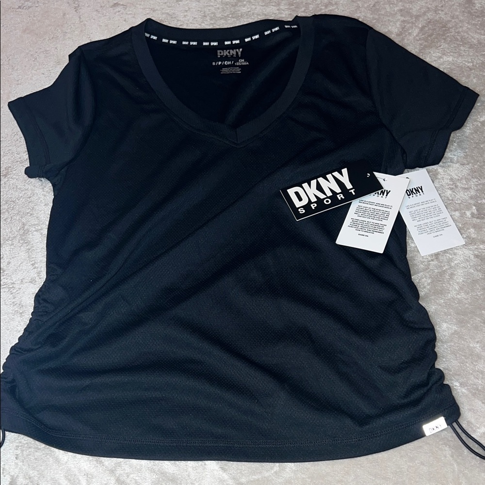 DKNY Sport V-Neck Black Mesh Tee NWT